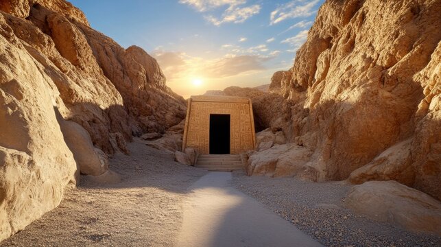 Desert tomb entrance with fading light at sunset, historic Valley of the Kings landscape