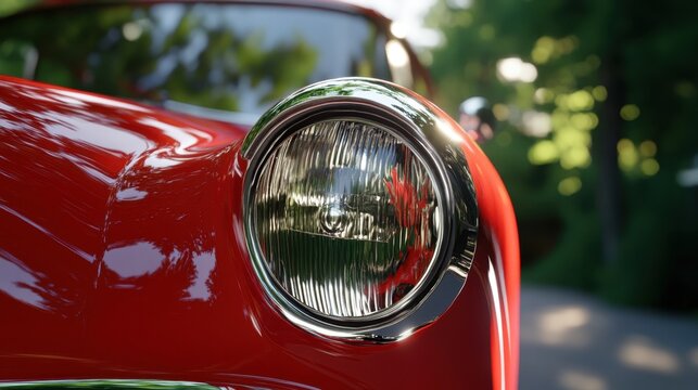 Detail shot of classic red car headlight with reflective chrome ring - Powered by Adobe
