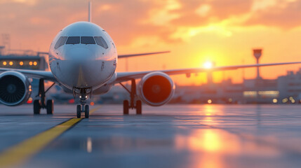 Airplane on runway during vibrant sunset aviation travel beauty serene scene
