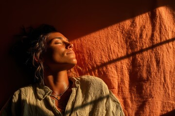 Red Light Therapy: Yoga Practitioner in Supine Position Under Suspended RLT Array, Sweat-Damp Hair on Muted Terracotta Mat