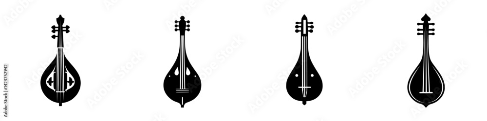 Poster set of four musical instrument icons showcasing string instruments in simplistic black design