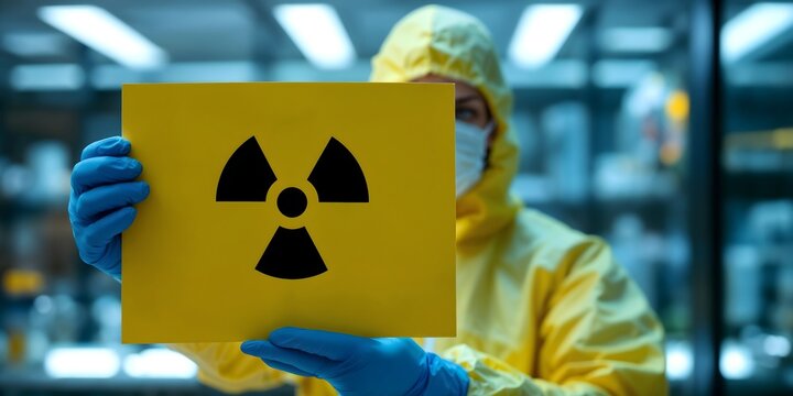 A person in a yellow hazmat suit holds up a yellow warning sign with a radiation symbol in a dimly lit laboratory