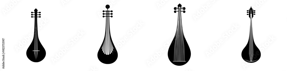 Poster various black icons of string instruments with different designs and shapes displayed in a row