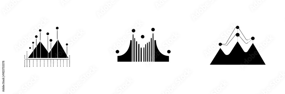 Poster icon set displaying various data visualization designs featuring mountain and bar graph motifs for a
