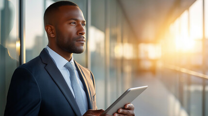 Fototapeta premium A confident African American businessman reviews digital graphs in office