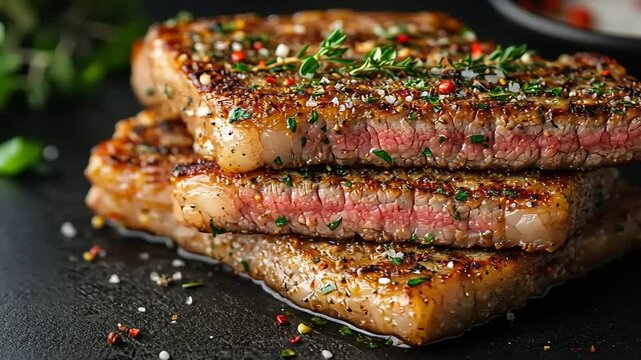 Perfectly seared steak slices, seasoned and stacked high