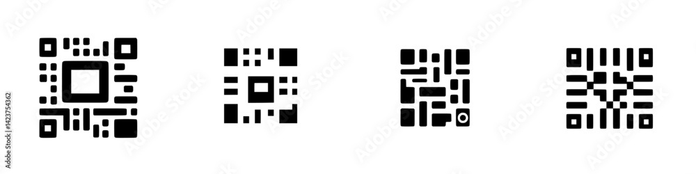 Poster collection of four distinct black and white qr code designs showcasing unique patterns and arrangeme