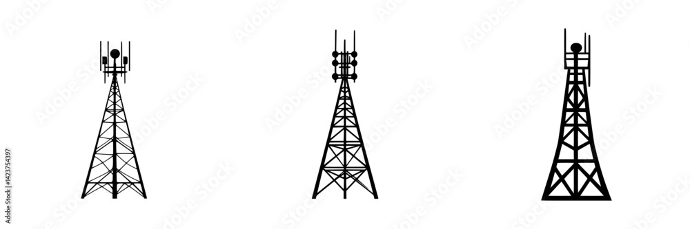 Poster icon set featuring various styles of communication towers designed for digital use in apps and websi