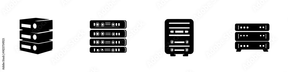 Poster icon set featuring various server designs for digital applications and user interfaces commonly used