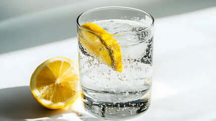 modern glass of sparkling water with slice of lemon sits on sunlit surface, refreshing and inviting