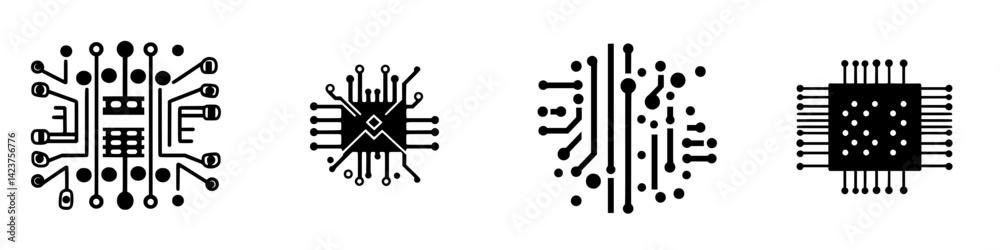 Poster icon set featuring diverse circuit designs and microchip patterns for technology and digital project