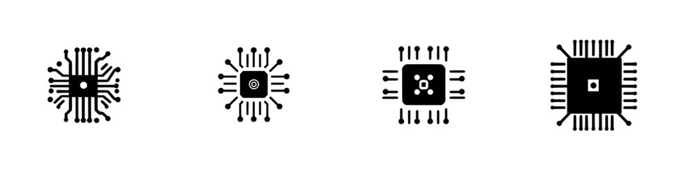 Icon set featuring various designs of microchips with distinct patterns and styles for digital applications