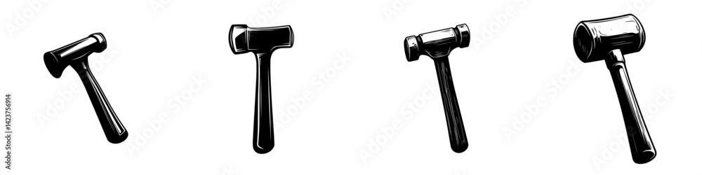 Poster icon set of various hammers showcasing different styles and orientations for design use