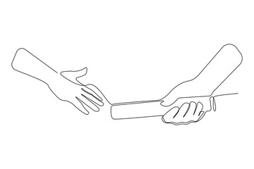 Hands passing the baton in a relay race continuous line art drawing. Vector illustration.
