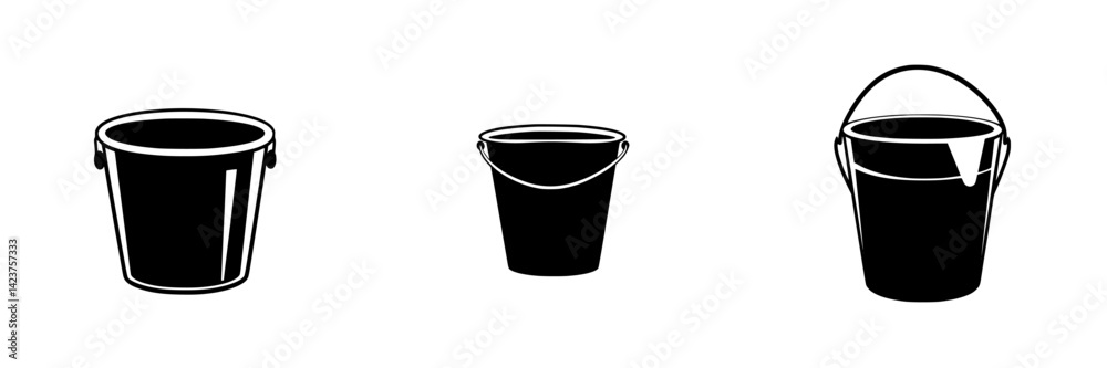 Poster icon set featuring various styles of buckets designed for universal application in digital graphics 