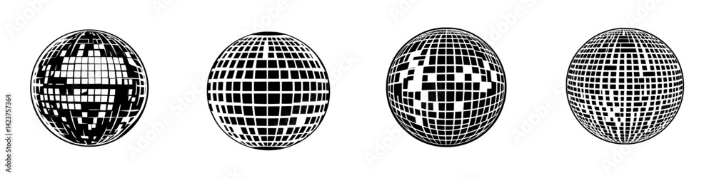 Poster icon set featuring abstract globe designs with a grid pattern in black and white for versatile graph