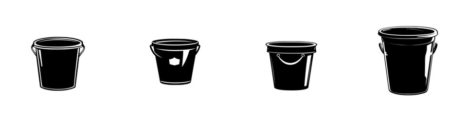 Variety of black bucket icons in different sizes for graphic design and user interfaces