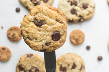Overhead view of chocolate chip cookies, top view of homemade chocolate chip cookies on a white background