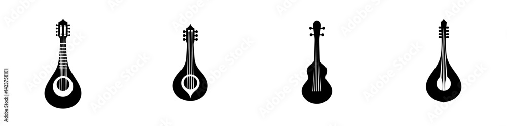 Poster icon set featuring various string instruments in a minimalist style designed for modern music applic
