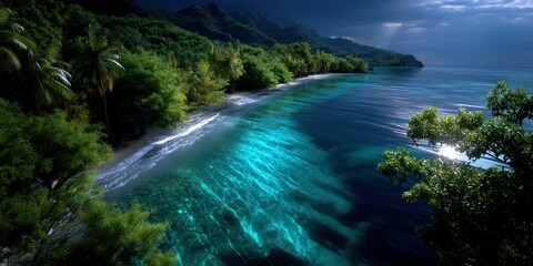 Obraz premium Lush tropical coastline at dusk with shimmering waters and mountains in the background