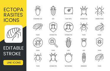 Editable stroke vector line icons of ectoparasites including fleas lice mites and ticks perfect for veterinary infographics pet care apps and medical visualizations