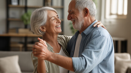Joyful elderly couple dancing in sunlit living room