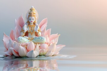 Peaceful goddess lakshmi on lotus in serene waters