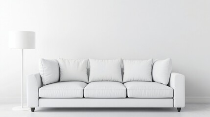 White modern sofa with lamp in bright minimalist interior with soft shadows.