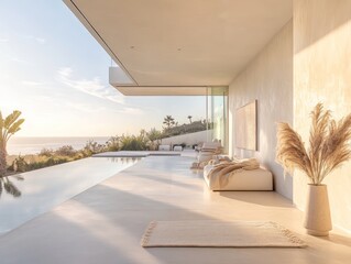 a contemporary minimalists interior of a california coastline house with wide rooms and terrase outside