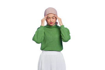 Beautiful stressed Asian woman in green sweater touching his temples and having headache isolated on transparent background