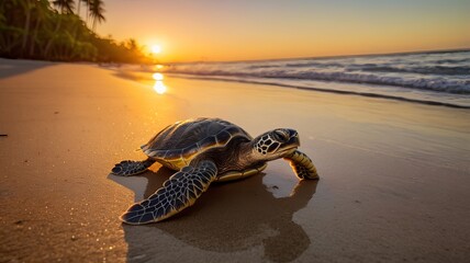 A sea turtle gracefully moves along a sandy beach at sunset, with warm colors reflecting on the water.