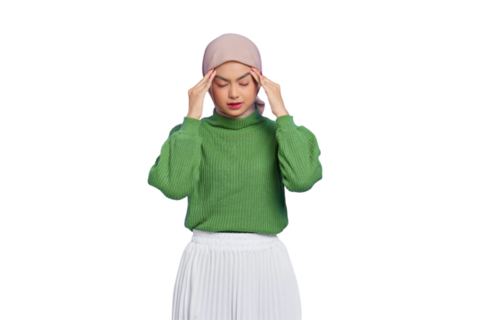 Beautiful stressed Asian woman in green sweater touching his temples and having headache isolated on transparent background