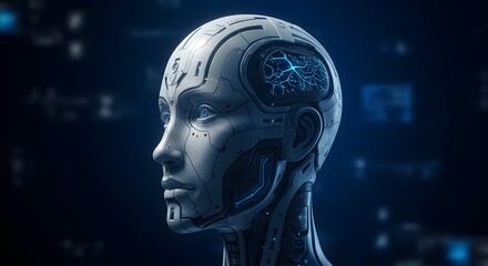 Obraz premium Android Robot Head Profile with Neural Network