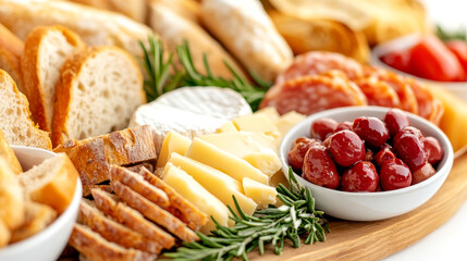 Assorted cheese and charcuterie board with fresh bread, cherry tomatoes, and olives