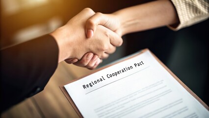 Free trade and cooperation strengthen trade agreements concept. Handshake over agreement document symbolizes partnership and cooperation.