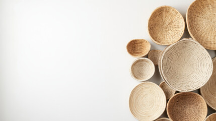 Collection of handwoven baskets on minimalistic wall display in natural light