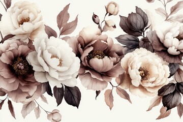 Watercolor floral arrangement with peonies in muted beige and taupe tones