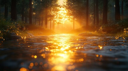 Golden light forest reflection