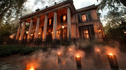 Fototapeta premium A haunted mansion with flickering candlelight in the background.