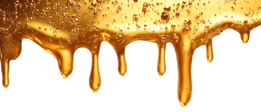 Golden liquid dripping down isolated on white background
