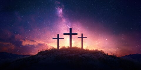 Three crosses silhouetted against a vibrant sunset sky with stars and clouds in a serene landscape