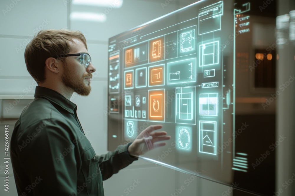 Poster tech enthusiast interacts with holographic display in a modern workspace environment