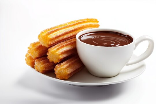 delightful arrangement of churros and cup of hot chocolate  isolated on white background