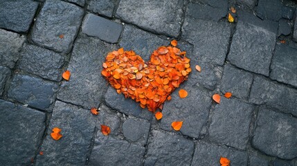 Heart of Autumn Leaves on Cobblestones
