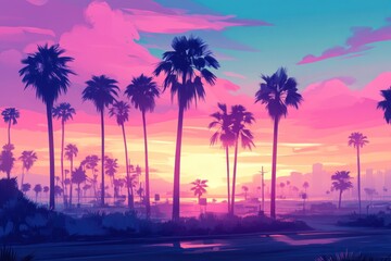Sunset palm trees cityscape