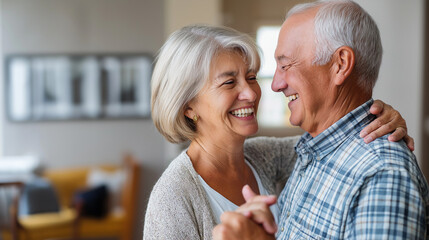 Joyful elderly couple dancing together in cozy living room