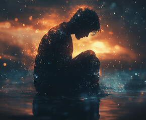 Obraz premium Silhouette of a lone figure kneeling in shallow water, backlit by fiery golden light and floating glowing particles, evoking solitude, introspection, emotional depth and ethereal atmosphere.