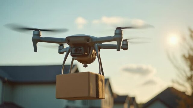 Aerial delivery drone carrying a cardboard package in flight over a residential suburban street during sunset, illustrating modern logistics and autonomous technology in last-mile delivery systems.