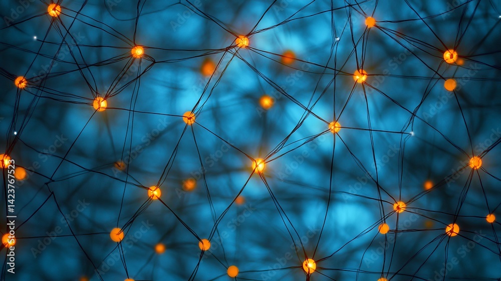 Poster abstract neural network digital art glowing nodes complex interconnected system bright orange lumino