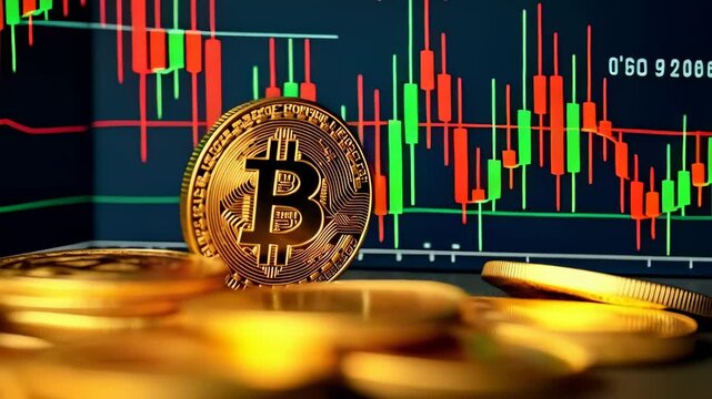 Close-up view of a single shiny golden bitcoin standing upright among scattered coins, with a blurred red and green candlestick market chart in the background symbolizing cryptocurrency fluctuations.